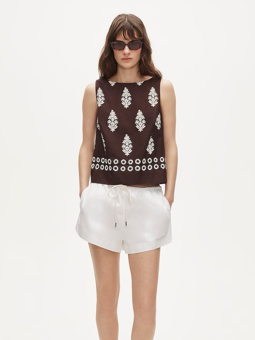J Crew Beaded Shell Top in Cocoa Block Print NWT